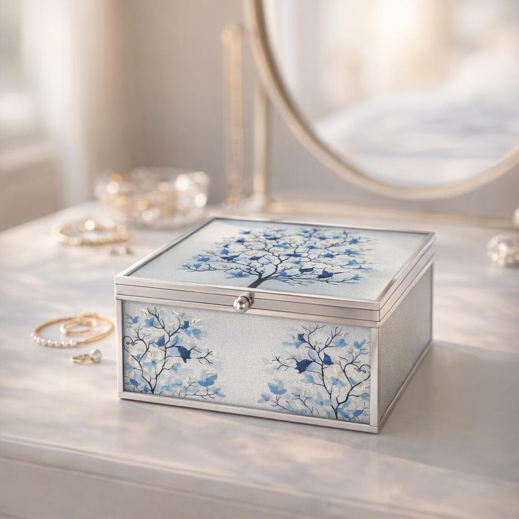 Cafetieră casetă bijuterii argintată 925 cu design tree blue