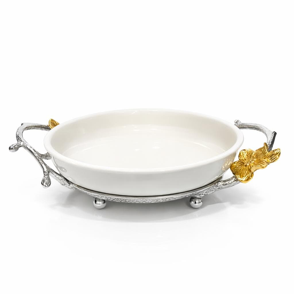 Platou cu ceramica – suport decorativ argintat cu detaliu floral