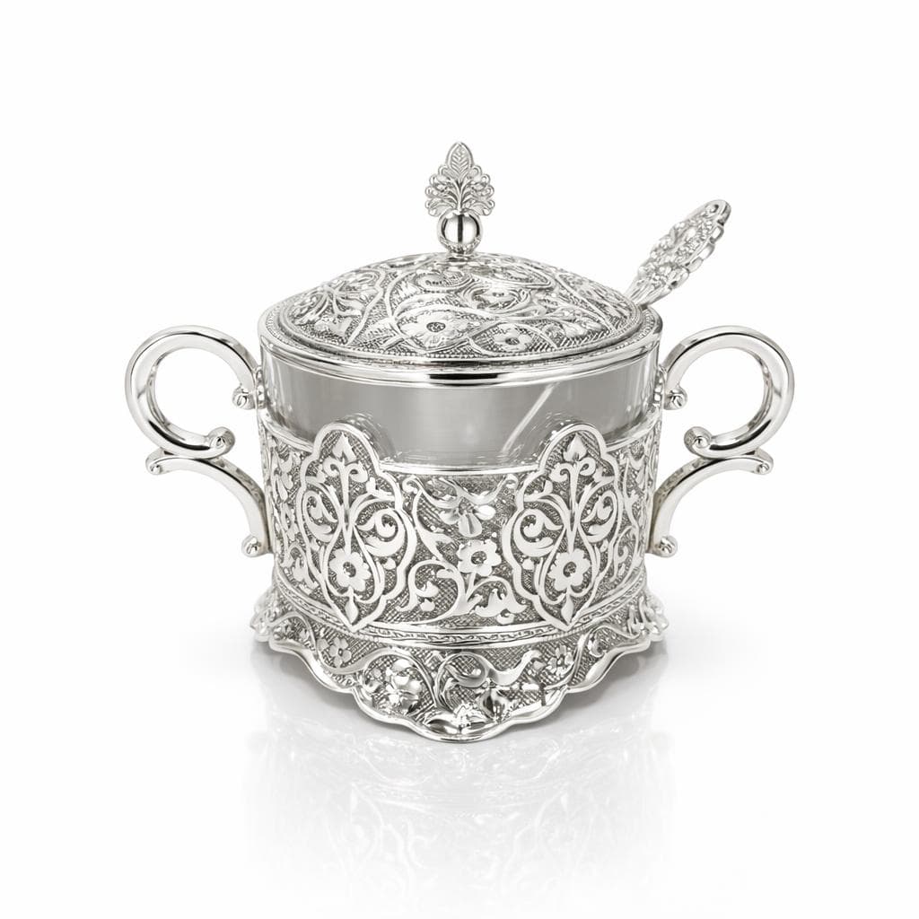 Zaharnita din argint 925 cu design ornamental, 2 folii de capac si suport pentru ceai