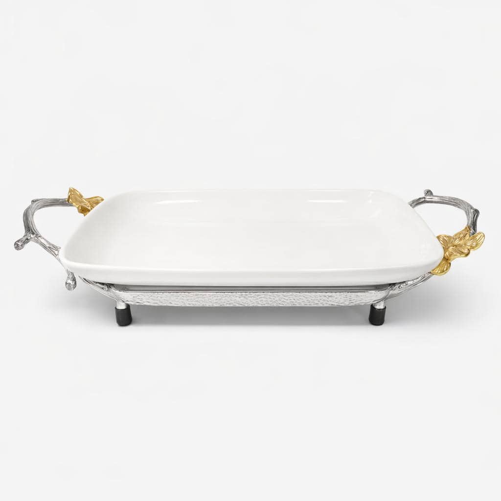 Platou ceramic pentru servire cu suport argintat 925