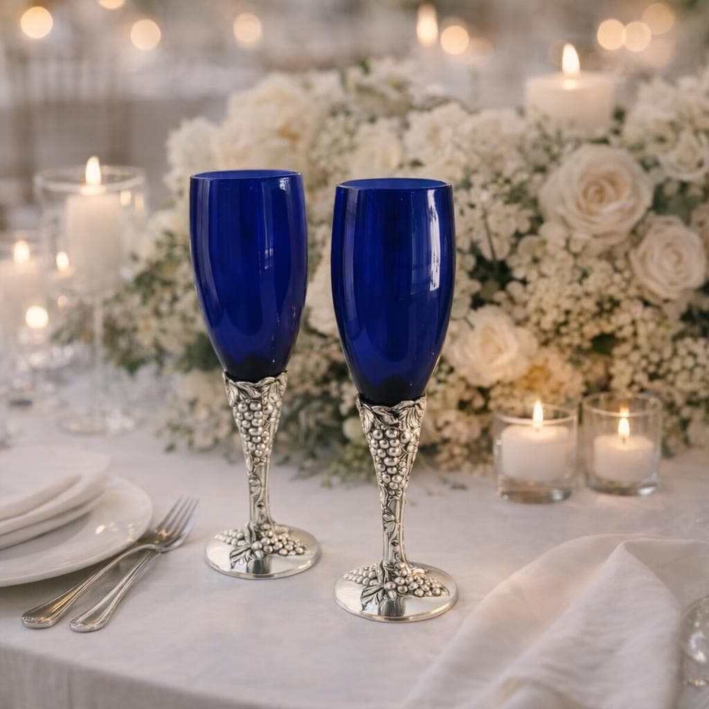 Pahare argintate 925 cu picior decorat lacuit bleu