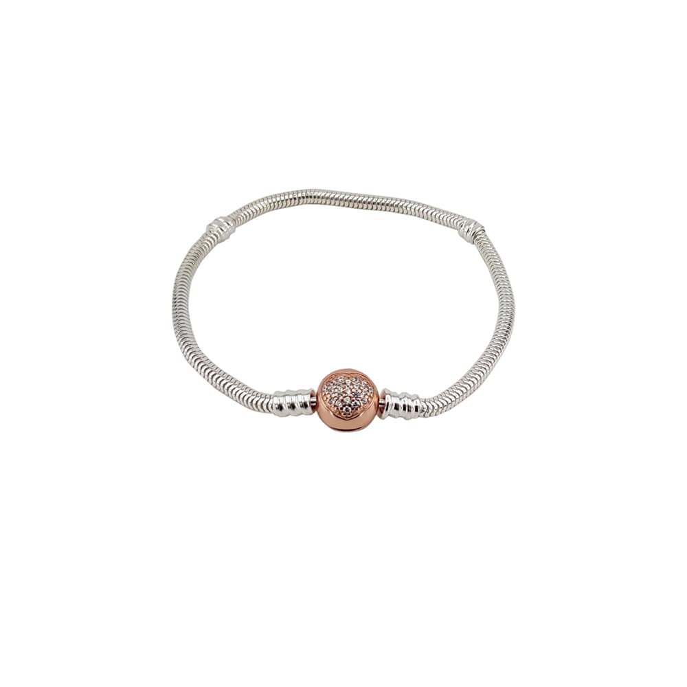 Bratara argint charm cu inchizatoare auriu rose cu zirconii, marime 17 cm