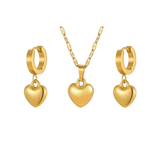 Set bijuterii dama din otel inoxidabil auriu Thia Jewelry, cu lant si pandantiv inima, cercei tip cerc cu pandantive inima